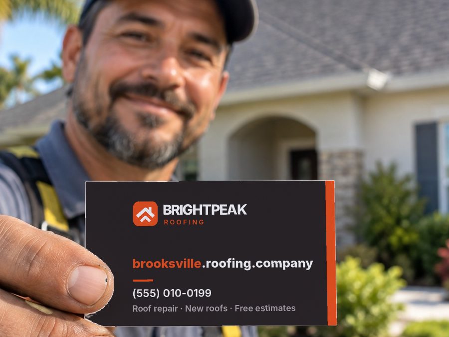 brooksville.roofing.company on a roofer's business card
