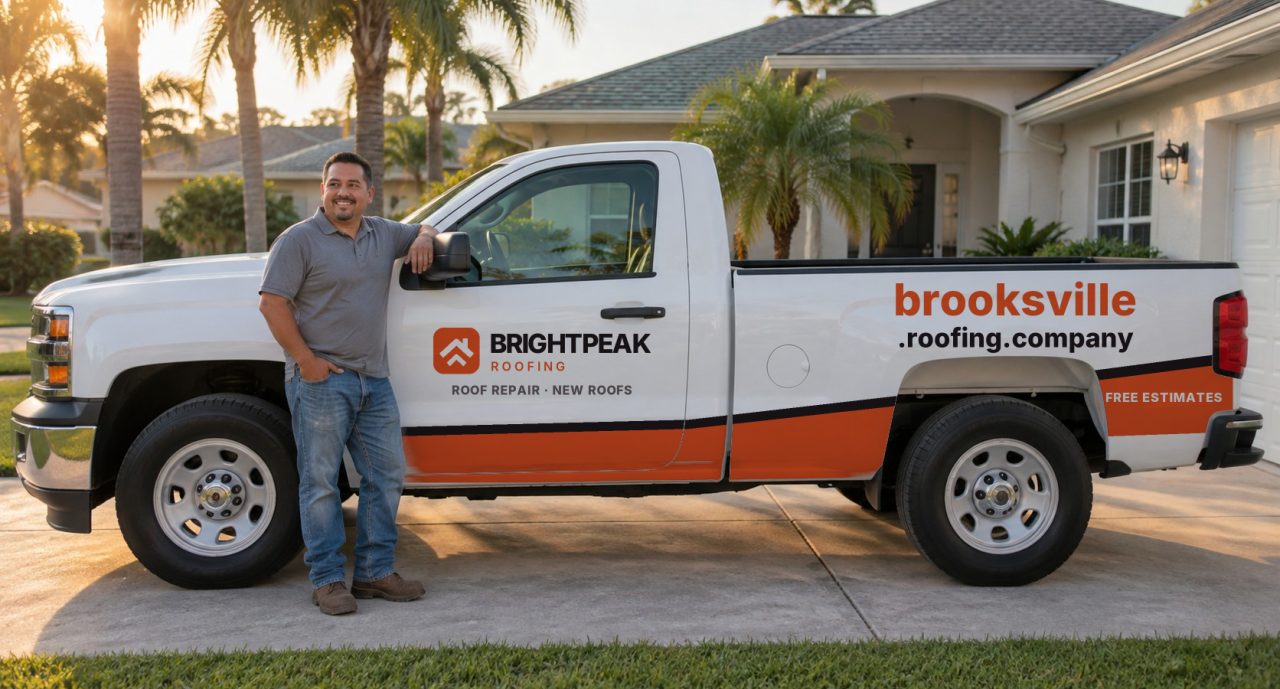 brooksville.roofing.company painted on the side of a white work truck
