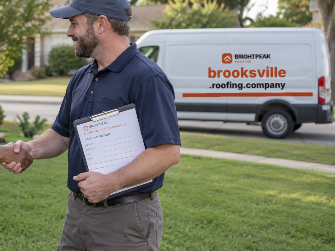 brooksville.roofing.company on a roofing van and an inspection form